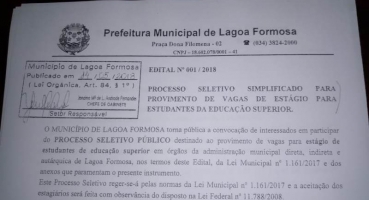 Prefeitura Municipal de Lagoa Formosa contrata estagiários 