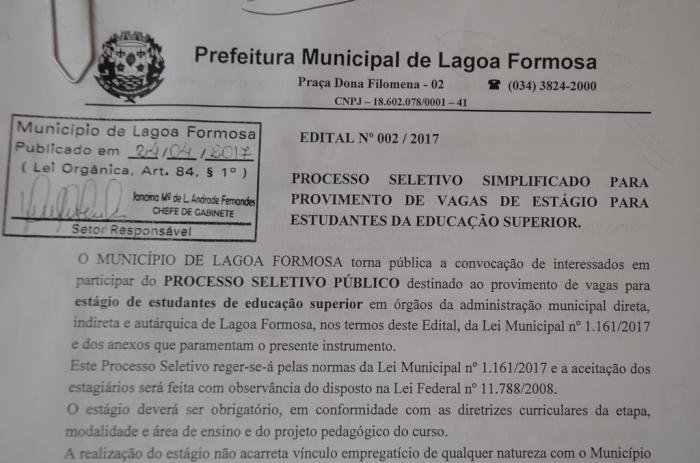 Encerram-se nesta sexta (05) inscrições para estágio de estudantes de ensino superior na Prefeitura de Lagoa Formosa