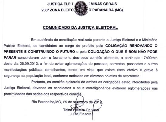 Justiça Eleitoral fecha comitês de partidos políticos em Rio Paranaíba