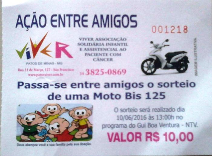 Associação Viver da cidade de Patos de Minas realiza em Julho de 2016 sorteio de Honda BIZ zero KM