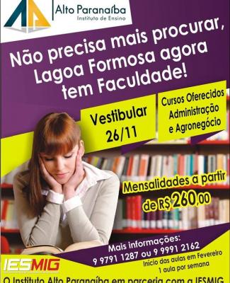 Vestibular do Instituto Alto Paranaíba para os cursos de Administração e Agronegócio em Lagoa Formosa acontece neste Sábado