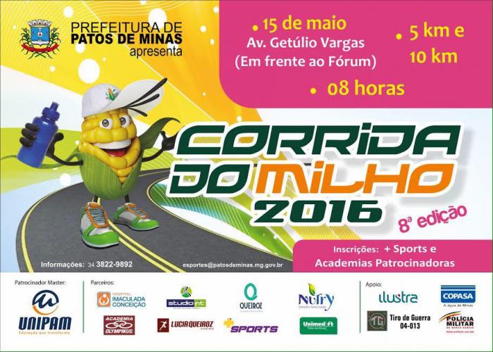 Inscrições para a 8ª edição da Corrida do Milho tem início neste dia 22 de Março em Patos de Minas