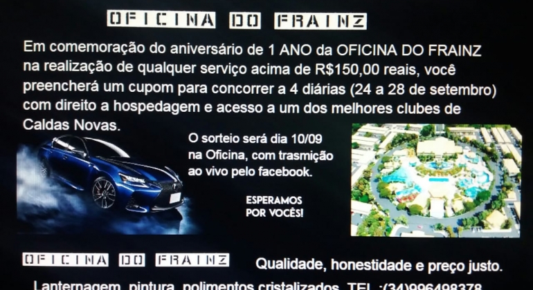 Oficina do Frainz sorteia 4 diárias em Caldas Novas para comemorar aniversário Oficina do Frainz sorteia 4 diárias em Caldas Novas para comemorar aniversário