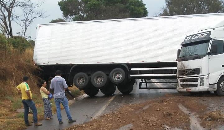 Motorista perde controle e fica com carreta atravessada na pista na BR-365 Motorista perde controle e fica com carreta atravessada na pista na BR-365