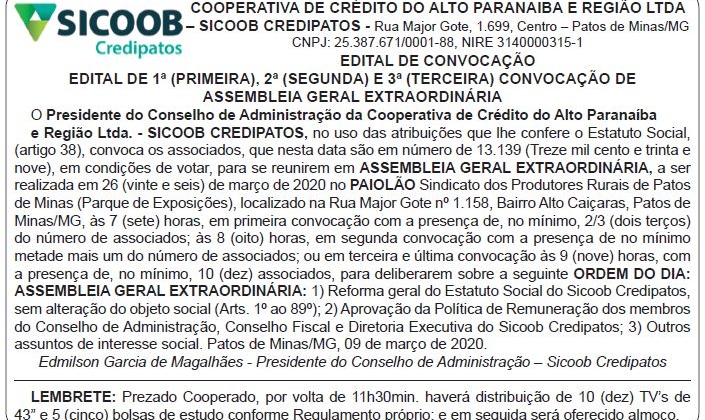 Edital de Convocação SICOOB CREDIPATOS 