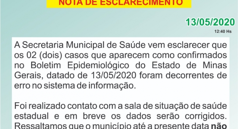 Secretaria de Saúde de Carmo do Paranaíba diz que confirmação de casos de COVID-19 na cidade foi erro no sistema de informação 