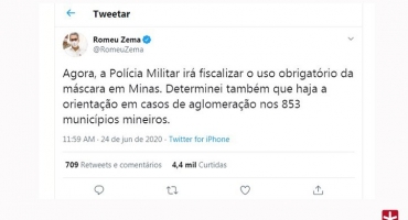 Governador de Minas Gerais diz que a PM fiscalizará uso obrigatório de máscara e aglomeração