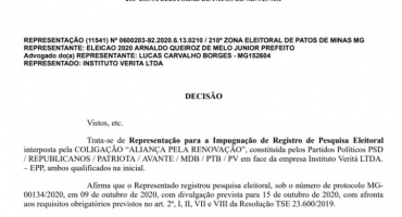 Justiça impede divulgação de pesquisa eleitoral em Patos de Minas