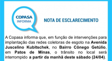 Copasa realizará obras na Av. JK e na Rua Dona Luiza, trânsito na região terá alterações