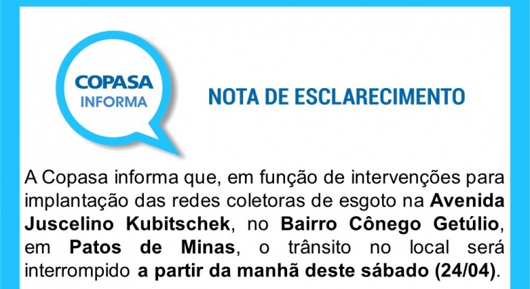 Copasa realizará obras na Av. JK e na Rua Dona Luiza, trânsito na região terá alterações