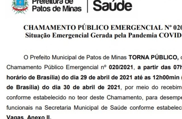 Saúde: processo seletivo e chamamento emergencial são publicados pela prefeitura de Patos de Minas