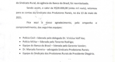 Sindicato Rural de Presidente Olegário recupera R$ 20 mil transferido em golpe