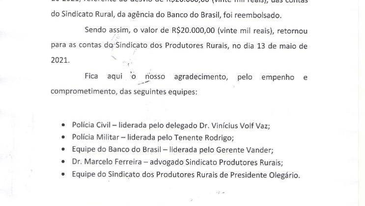 Sindicato Rural de Presidente Olegário recupera R$ 20 mil transferido em golpe