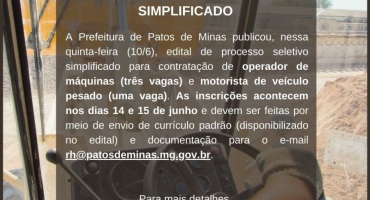 Prefeitura de Patos de Minas divulga processo seletivo para contratar motorista e operador de máquinas