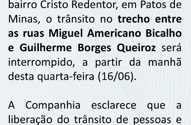 COPASA comunica interdição de ruas para ampliação de redes interceptoras de esgoto em Patos de Minas