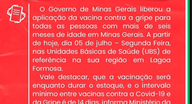 Lagoa Formosa libera vacinação contra gripe para população em geral