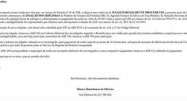 Justiça decide em primeira instância cassar mandatos de prefeito e vice de Cruzeiro da Fortaleza 