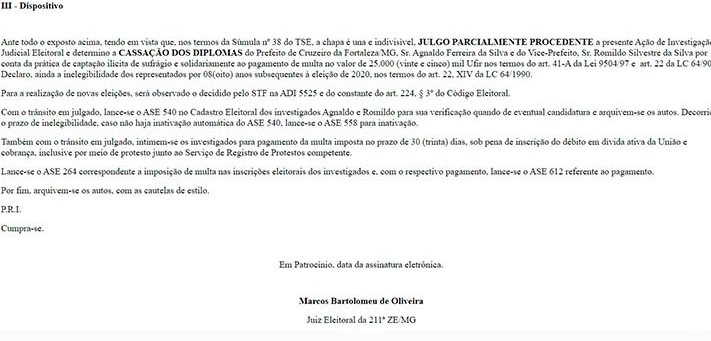 Justiça decide em primeira instância cassar mandatos de prefeito e vice de Cruzeiro da Fortaleza 