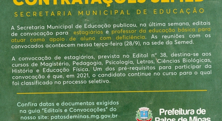 Reunião com convocados para professor da educação básica e estágio remunerado em Patos de Minas acontece nesta terça-feira (28)