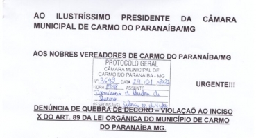 Carmo do Paranaíba – Câmara dos Vereadores recebe denúncia de quebra de decoro contra Prefeito Municipal