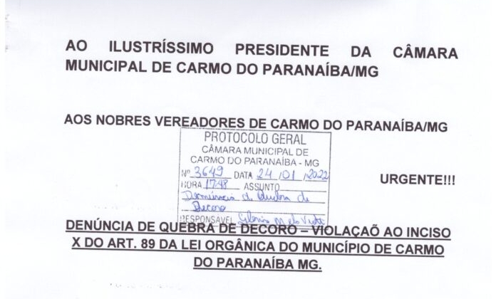 Carmo do Paranaíba – Câmara dos Vereadores recebe denúncia de quebra de decoro contra Prefeito Municipal