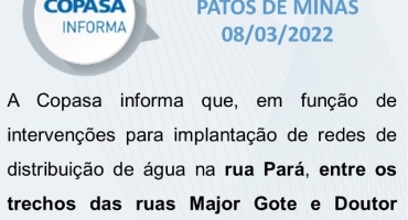 Copasa anuncia nova interdição para implantação de adutora em Patos de Minas 