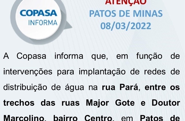 Copasa anuncia nova interdição para implantação de adutora em Patos de Minas 