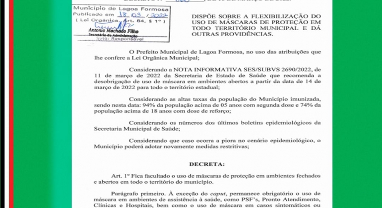 Decreto da prefeitura municipal de Lagoa Formosa flexibiliza o uso de máscara de proteção 