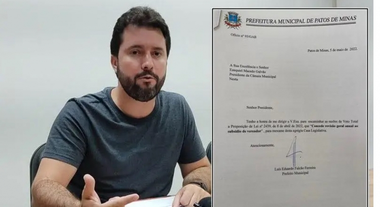 Prefeito de Patos de Minas veta reajuste no salário dos vereadores da cidade   