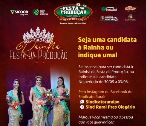 Sindicato Rural de Presidente Olegário abre inscrições para o Concurso de Rainha da Festa da Produção 2022