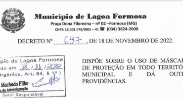 Prefeito de Lagoa Formosa assina decreto que dispõe sobre o uso de máscara de proteção em ambientes de assistência à saúde