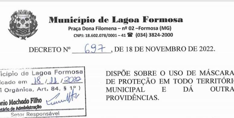 Prefeito de Lagoa Formosa assina decreto que dispõe sobre o uso de máscara de proteção em ambientes de assistência à saúde