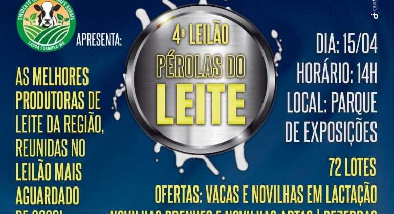 Sindicato Rural de Lagoa Formosa realiza neste sábado (15/4) o 4º Leilão Pérolas do Leite