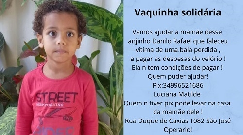 Família de Patos de Minas pede ajuda para pagar funeral de criança que morreu após ser atingido por tiro 