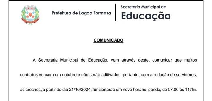 Secretaria de Educação de Lagoa Formosa emite comunicado informando os novos horários de atendimento das creches da cidade 