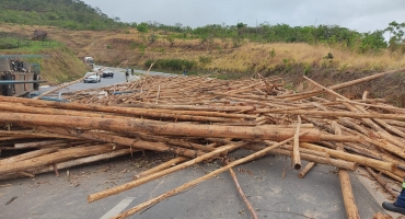 Rodotrem carregado com eucaliptos tomba na BR-146; em Serra do Salitre