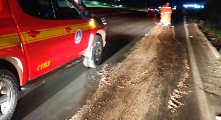 Óleo derramado na pista causa risco de acidentes e interdição em trecho das BR-354 e BR-365 Óleo derramado na pista causa risco de acidentes e interdição em trecho das BR-354 e BR-365