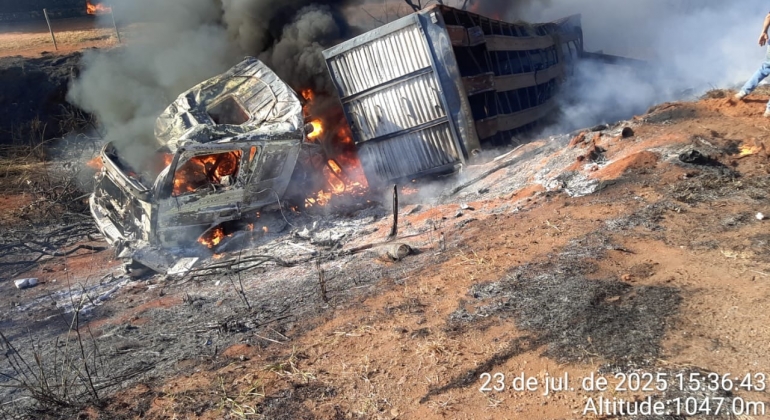 Monte Carmelo - Caminhão tomba, pega fogo e mata 24 bovinos que eram transportados pelo veículo Monte Carmelo - Caminhão tomba, pega fogo e mata 24 bovinos que eram transportados pelo veículo