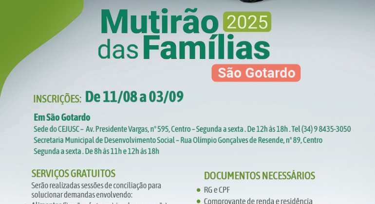 Defensoria Itinerante levará o Mutirão das Famílias para a região do Alto do Paranaíba Defensoria Itinerante levará o Mutirão das Famílias para a região do Alto do Paranaíba