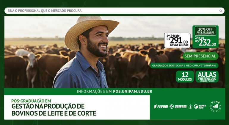 UNIPAM oferta pós-graduação em Gestão na Produção de Bovinos de Leite e de Corte